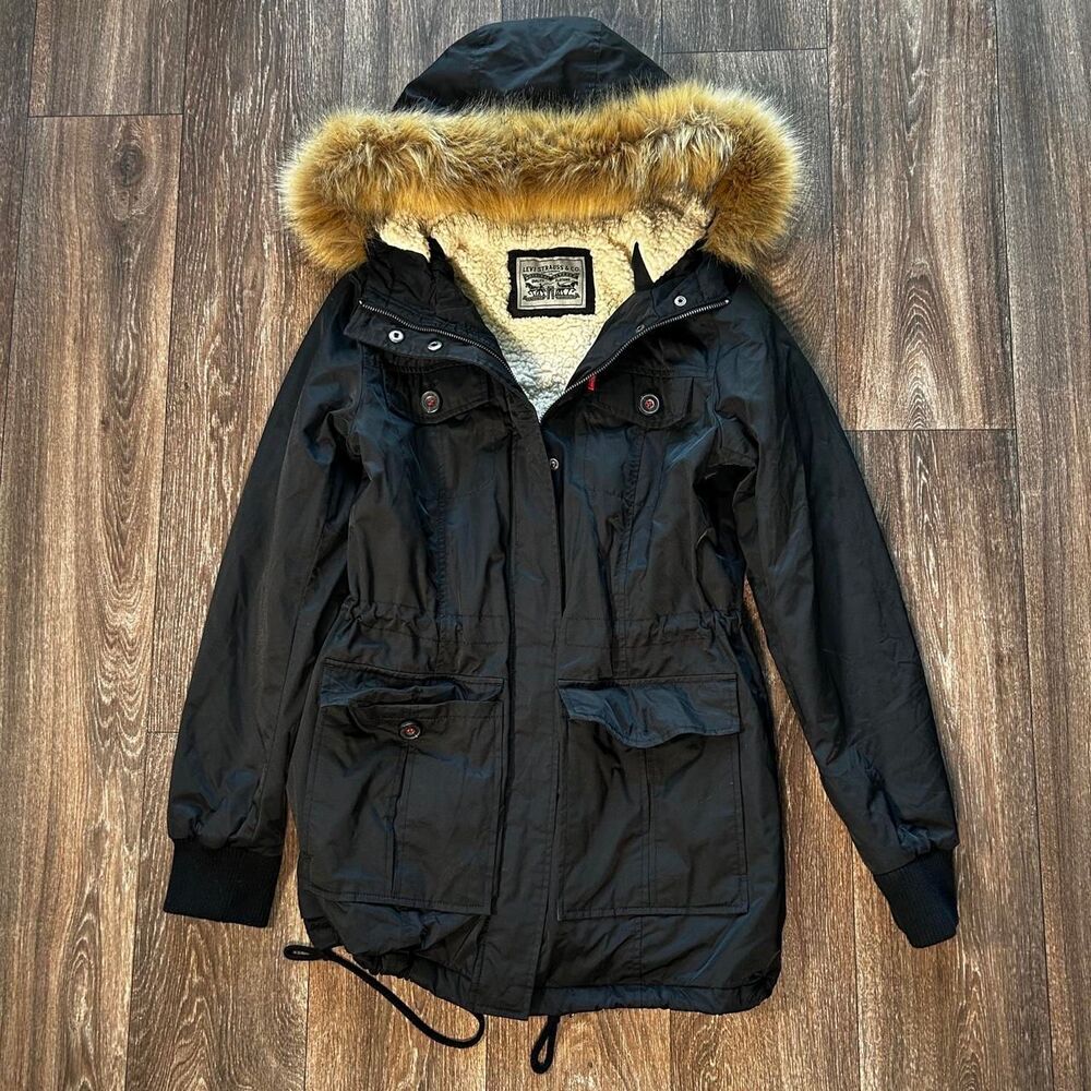 Levi’s Black Faux-Fur Hooded Parka Jacket winter coat fall coat
